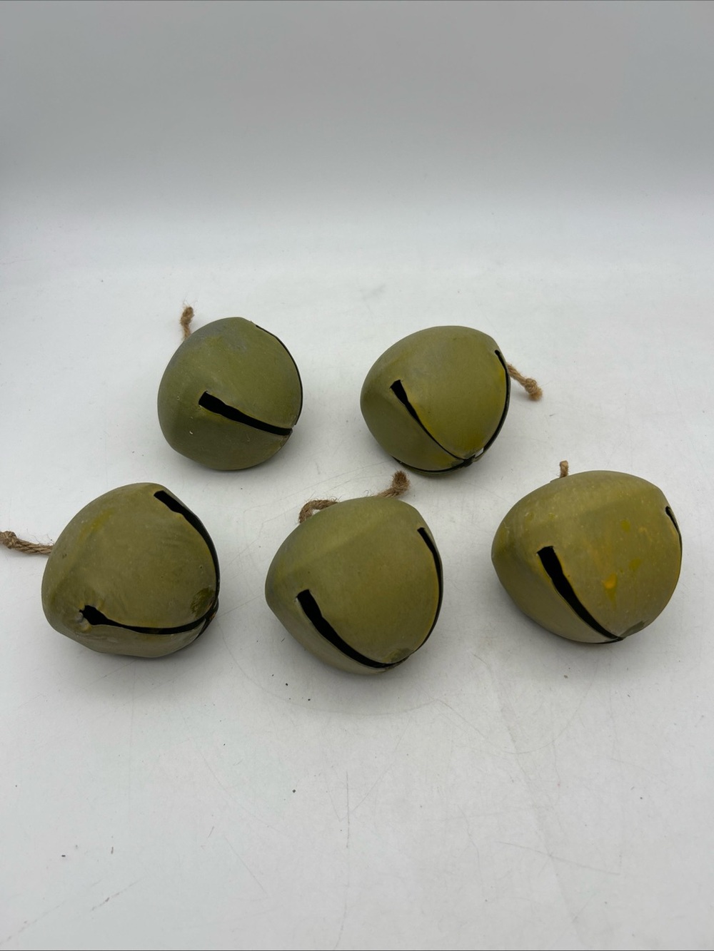 5- Rustic Farmhouse Decor 2.5”x2.5” Metal Green Jingle Bells Christmas Ornament